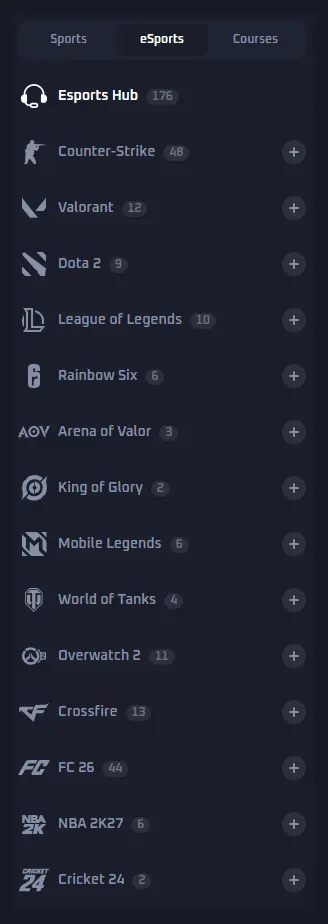 Menu eSports de Thrill : Esports Hub et 14 jeux avec le nombre d'événements