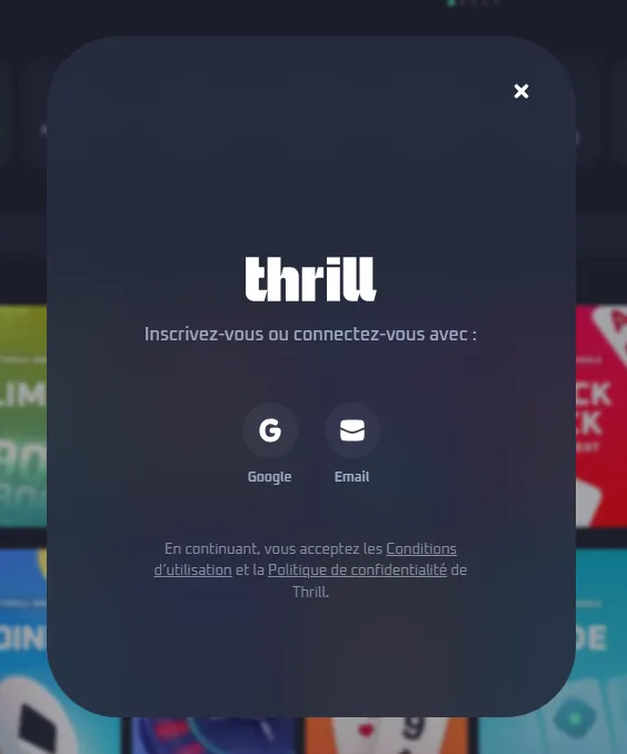 Fenêtre d'inscription avec Google ou e-mail