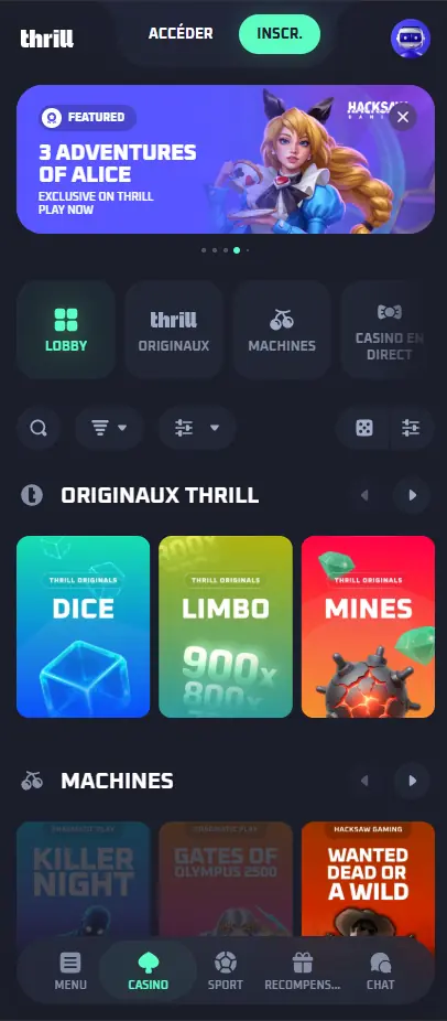 Lobby de Thrill sur mobile : catégories, Originaux Thrill et barre de navigation
